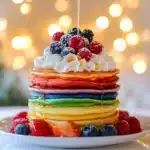 A tall stack of soft, colorful rainbow pancakes drizzled with syrup and topped with whipped cream.