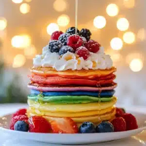A tall stack of soft, colorful rainbow pancakes drizzled with syrup and topped with whipped cream.