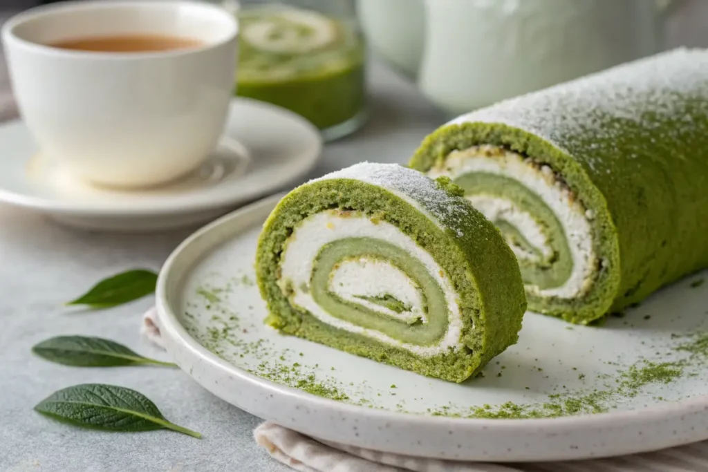 Matcha crepe roll cake with spiral layers of green tea crepes and cream