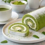 Rolled matcha crepe cake with delicate layers of green tea crepes and creamy filling.
