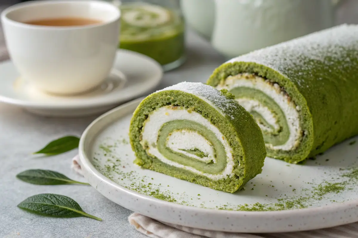 Matcha crepe roll cake with spiral layers of green tea crepes and cream