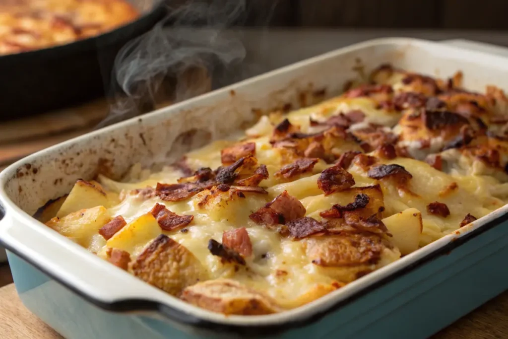 Baked chicken ranch potato casserole with crispy bacon topping