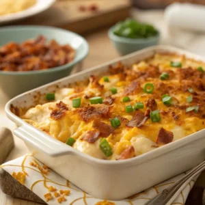 Cheesy chicken ranch potato bake with crispy bacon and fresh green onions