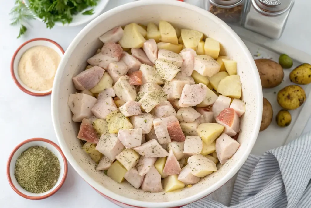 Raw chicken and potatoes tossed in ranch seasoning