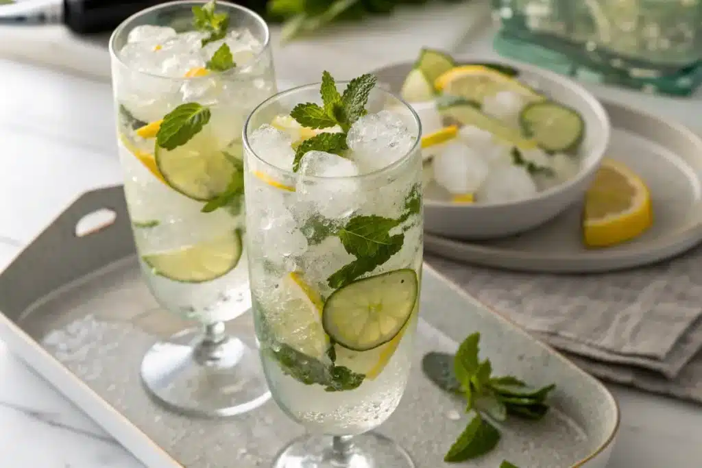 mint and lemon infused ice cubes for cucumber lemonade