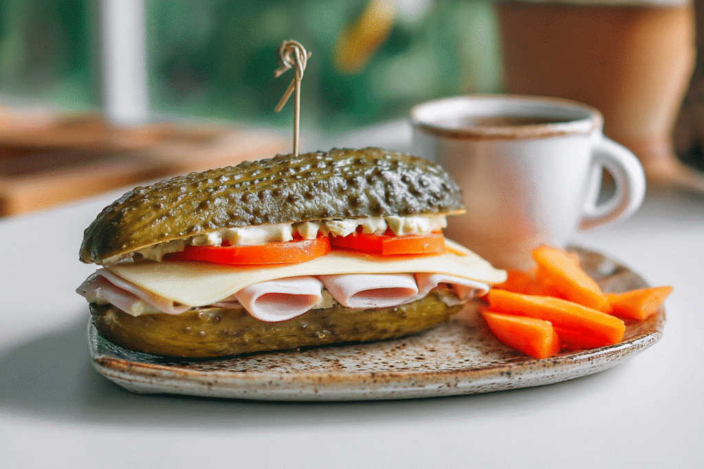 Served pickle sandwich with sides